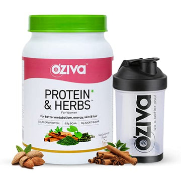 OZIVA PROTEIN & HERBS, WOMEN, (NATURAL PROTEIN POWDER WITH AYURVEDIC HERBS LIKE SHATAVARI, GILOY, CURCUMIN & MULTIVITAMINS FOR IMPROVING METABOLISM, SKIN & HAIR (VANILLA ALMOND, 1KG + BLACK SHAKER)