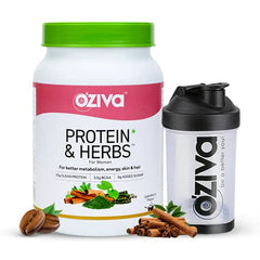 OZIVA PROTEIN & HERBS, WOMEN, NATURAL PROTEIN POWDER WITH AYURVEDIC HERBS LIKE SHATAVARI, GILOY, CURCUMIN & MULTIVITAMINS FOR BETTER METABOLISM, SKIN & HAIR, 1KG + BLACK SHAKER