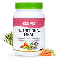 OZIVA NUTRITIONAL MEAL WOMEN (HIGH IN PROTEIN WITH AYURVEDIC HERBS LIKE SHATAVARI, BRAHMI,GINSENG, FLAX SEEDS) FOR WEIGHT MANAGEMENT, MEAL REPLACEMENT SHAKE, CHOCOLATE,1KG