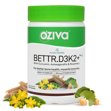 OZIVA BETTR.D3K2+ (PLANT BASED VITAMIN D3 K2 WITH CURCUMIN, ASHWAGANDHA & ROSEMARY) FOR ANTI-INFLAMMATION, MOOD & IMMUNITY, 60 VEG CAPSULES