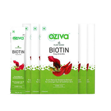 OZIVA BIOTIN FIZZY DRINK (WITH 100% NATURAL WHOLEFOOD BIOTIN) FOR HEALTHIER HAIR, SKIN, AND NAILS, 30 SACHETS (PACK OF 5)