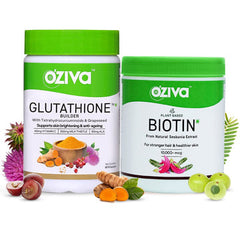 OZIVA PLANT BASED BIOTIN 10000+ MCG (WITH NATURAL SESBANIA AGATI EXTRACT), FOR STRONGER HAIR, 125G & OZIVA GLUTATHIONE BUILDER (WITH ALA & SELENIUM) FOR SKIN BRIGHTENING,60 CAPSULES (COMBO PACK)