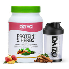 OZIVA PROTEIN & HERBS, WOMEN, NATURAL PROTEIN POWDER WITH AYURVEDIC HERBS LIKE SHATAVARI, GILOY, CURCUMIN & MULTIVITAMINS FOR BETTER METABOLISM, SKIN & HAIR MANGO, 1KG + BLACK SHAKER