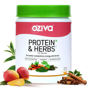 OZIVA PROTEIN & HERBS, WOMEN, NATURAL PROTEIN POWDER WITH AYURVEDIC HERBS LIKE SHATAVARI, GILOY, CURCUMIN & MULTIVITAMINS FOR BETTER METABOLISM, SKIN & HAIR, MANGO, 500GM