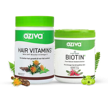 OZIVA PLANT BASED BIOTIN 10000+ MCG (WITH NATURAL SESBANIA AGATI EXTRACT), FOR STRONGER HAIR, 125G & OZIVA HAIR VITAMINS (WITH DHT BLOCKER & OMEGA 3) FOR BETTER HAIR GROWTH, 60 CAPSULES (COMBO PACK)