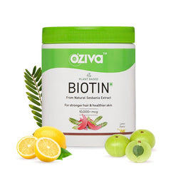 OZIVA PLANT BASED BIOTIN 10000MCG+ (WITH NATURAL SESBANIA AGATI EXTRACT, BAMBOO SHOOT, AMLA, POMEGRANATE), FOR STRONGER HAIR & HEALTHIER SKIN, BIOTIN LEMON