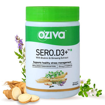 OZIVA SERO.D3+ (SEROTONIN BOOSTERS WITH VITAMIN D3, BRAHMI & GINSENG EXTRACT) SUPPORTS STRESS & ANXIETY RELIEF, 60 VEG CAPSULES