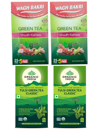 WAGH BAKRI SHUDH KAHWA 25 TEA BAGS + 5 TEA BAGS FREE ( PACK OF 2 ) WITH 2 ORGANIC INDIA TULSI GREEN TEA