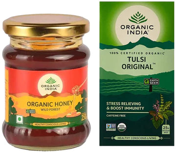 ORGANIC INDIA WILD FOREST HONEY (MULTI FLORAL) 250G & TULSI ORIGINAL TEA, 25 INFUSION TEA BAGS