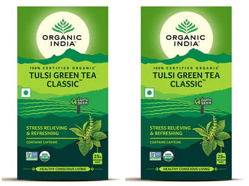 ORGANIC INDIA TULSI GREEN TEA CLASSIC, 25 INFUSION BAGS (PACK OF 2)