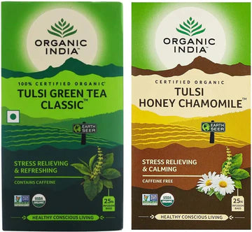 ORGANIC INDIA TULSI GREEN TEA CLASSIC 25 TEA BAGS & ORGANIC INDIA TULSI HONEY CHAMOMILE 25 TEA BAGS