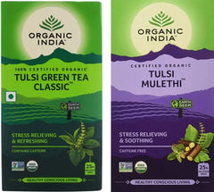 ORGANIC INDIA TULSI GREEN TEA CLASSIC 25 TEA BAGS & ORGANIC INDIA TULSI MULETHI 25 TEA BAGS