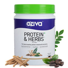 OZIVA PROTEIN & HERBS, MEN (23G WHEY PROTEIN, 5.5G BCAA & AYURVEDIC HERBS LIKE ASHWAGANDHA, CHLORELLA & MUSLI) FOR BETTER STAMINA & LEAN MUSCLES, CHOCOLATE, 500G