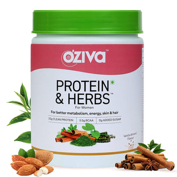 OZIVA PROTEIN & HERBS, WOMEN, (NATURAL PROTEIN POWDER WITH AYURVEDIC HERBS LIKE SHATAVARI, GILOY, CURCUMIN & MULTIVITAMINS FOR BETTER METABOLISM, SKIN & HAIR) VANILLA ALMOND, 500G