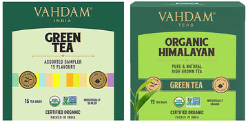 VAHDAM ORGANIC GREEN TEA SAMPLER TRIAL PACK (15 TEA BAGS) & ORGANIC HIMALAYAN GREEN TEA ( 15 TEA BAGS) - GREEN TEA COMBO PACK